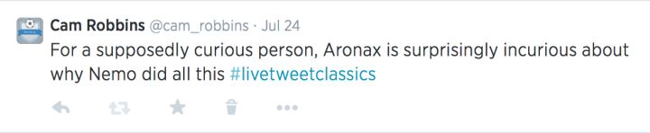 For a supposedly curious person, Aronax is surprisingly incurious about why Nemo did all this #livetweetclassics