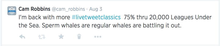 I'm back with more #livetweetclassics  75% thru 20,000 Leagues Under the Sea. Sperm whales are regular whales are battling it out.